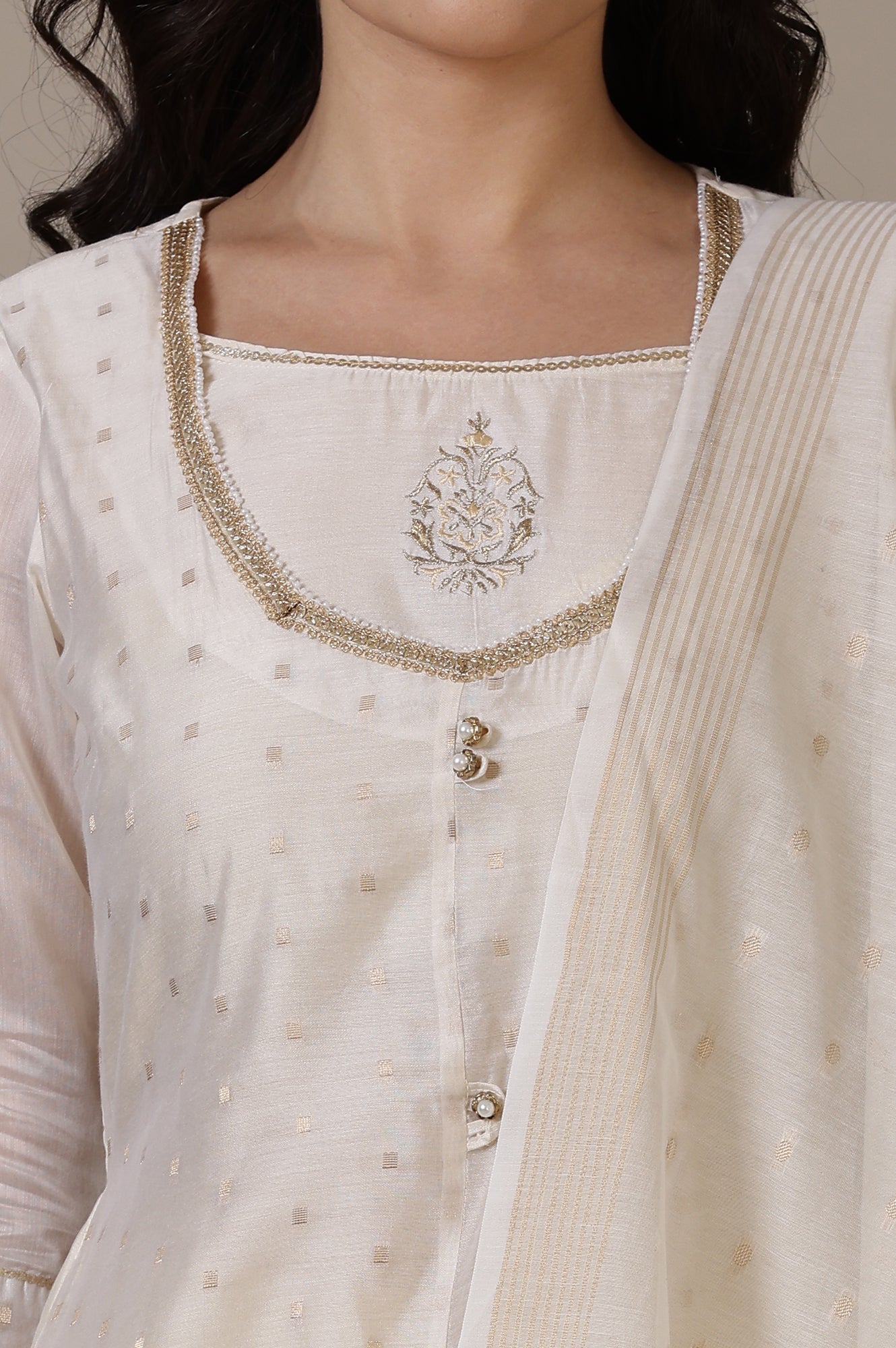 Beige A-line Jacquard Kurta, Palazzos and Dupatta Set