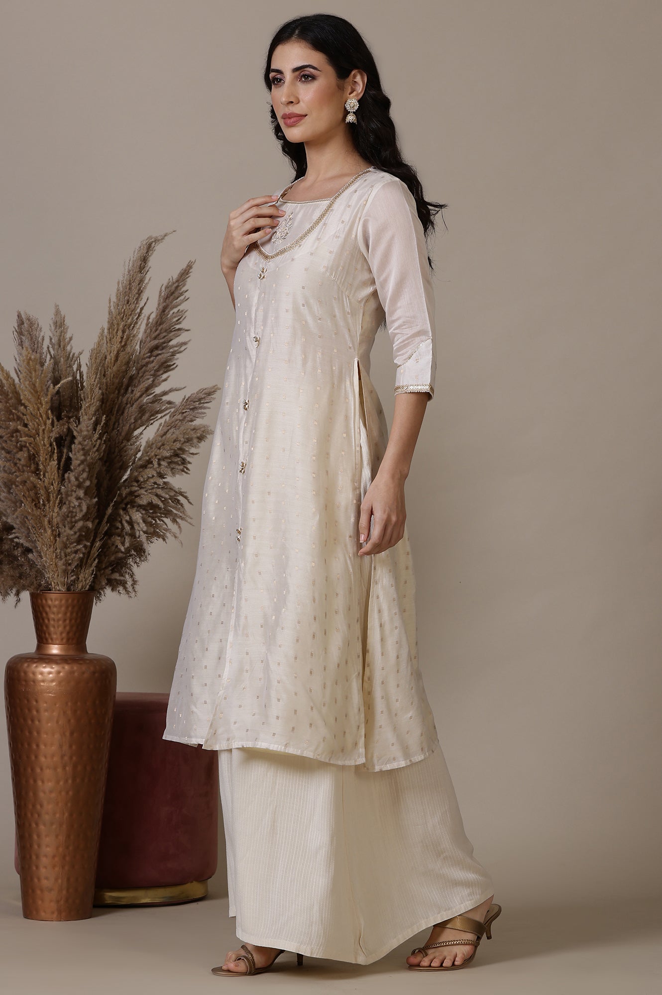 Beige A-line Jacquard Kurta, Palazzos and Dupatta Set