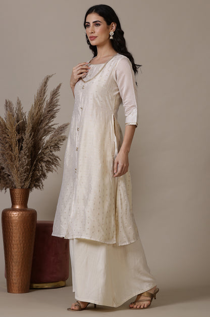 Beige A-line Jacquard Kurta, Palazzos and Dupatta Set