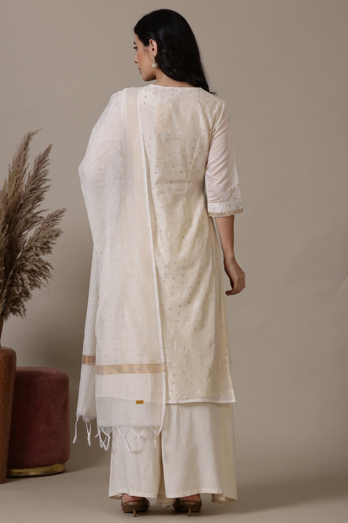 Beige A-line Jacquard Kurta, Palazzos and Dupatta Set