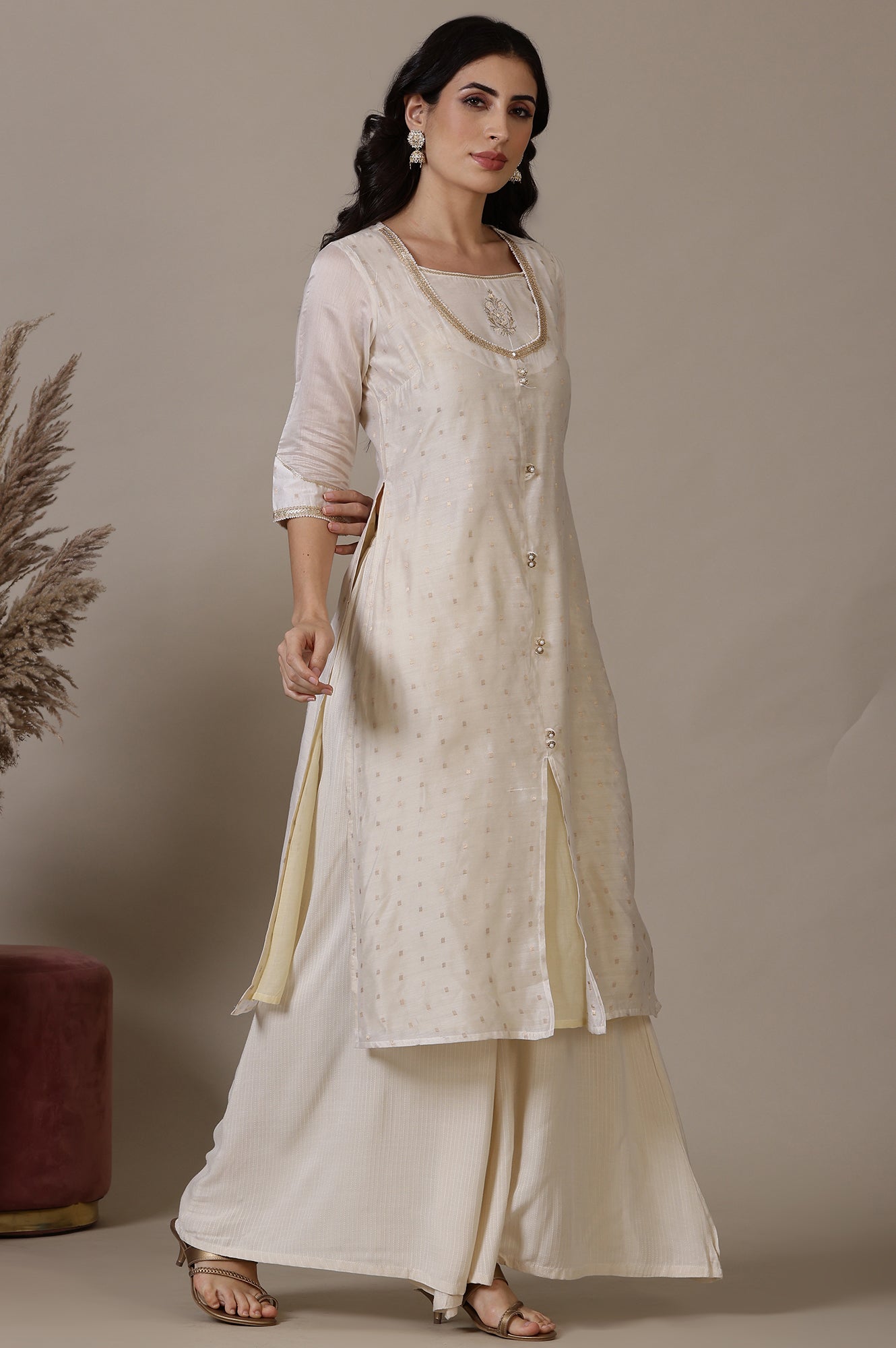 Beige A-line Jacquard Kurta, Palazzos and Dupatta Set