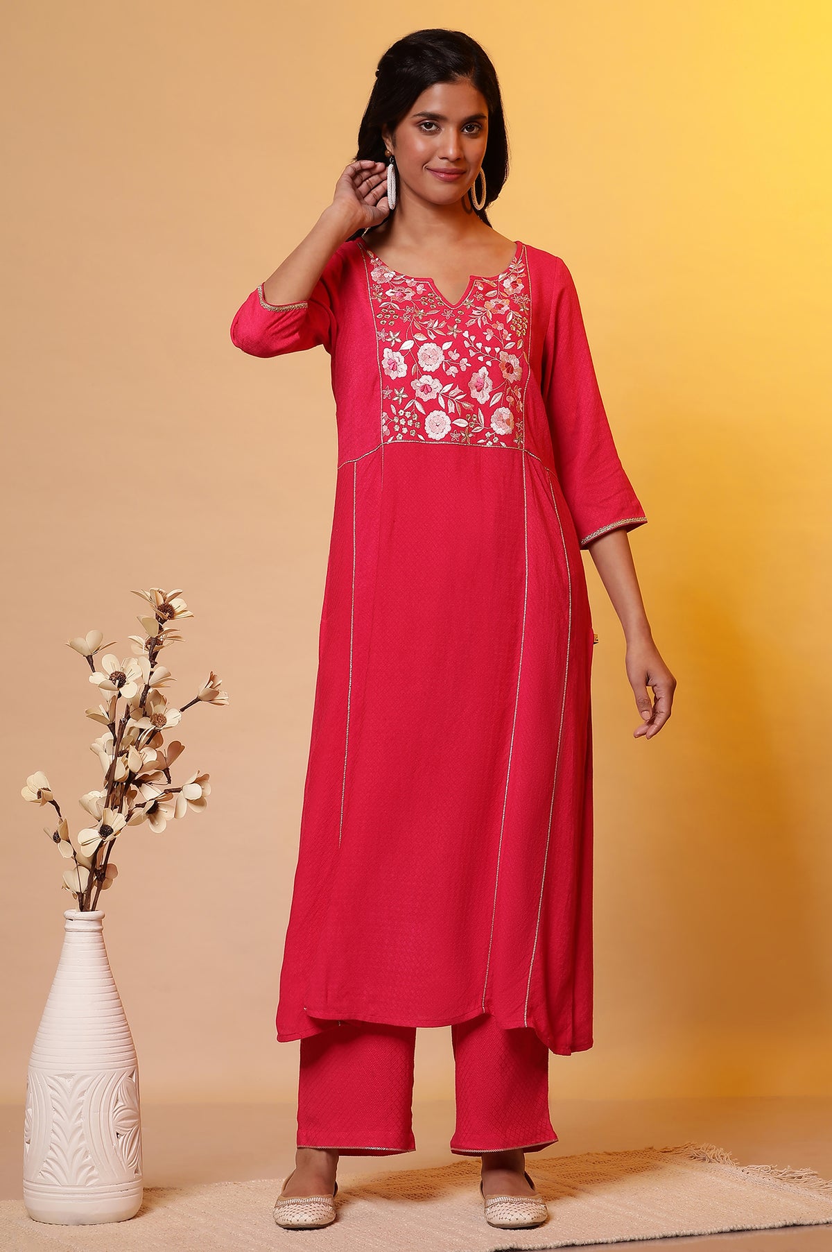 Pink Metallic Embroidered Kurta and Palazzo Co-ord Set - S