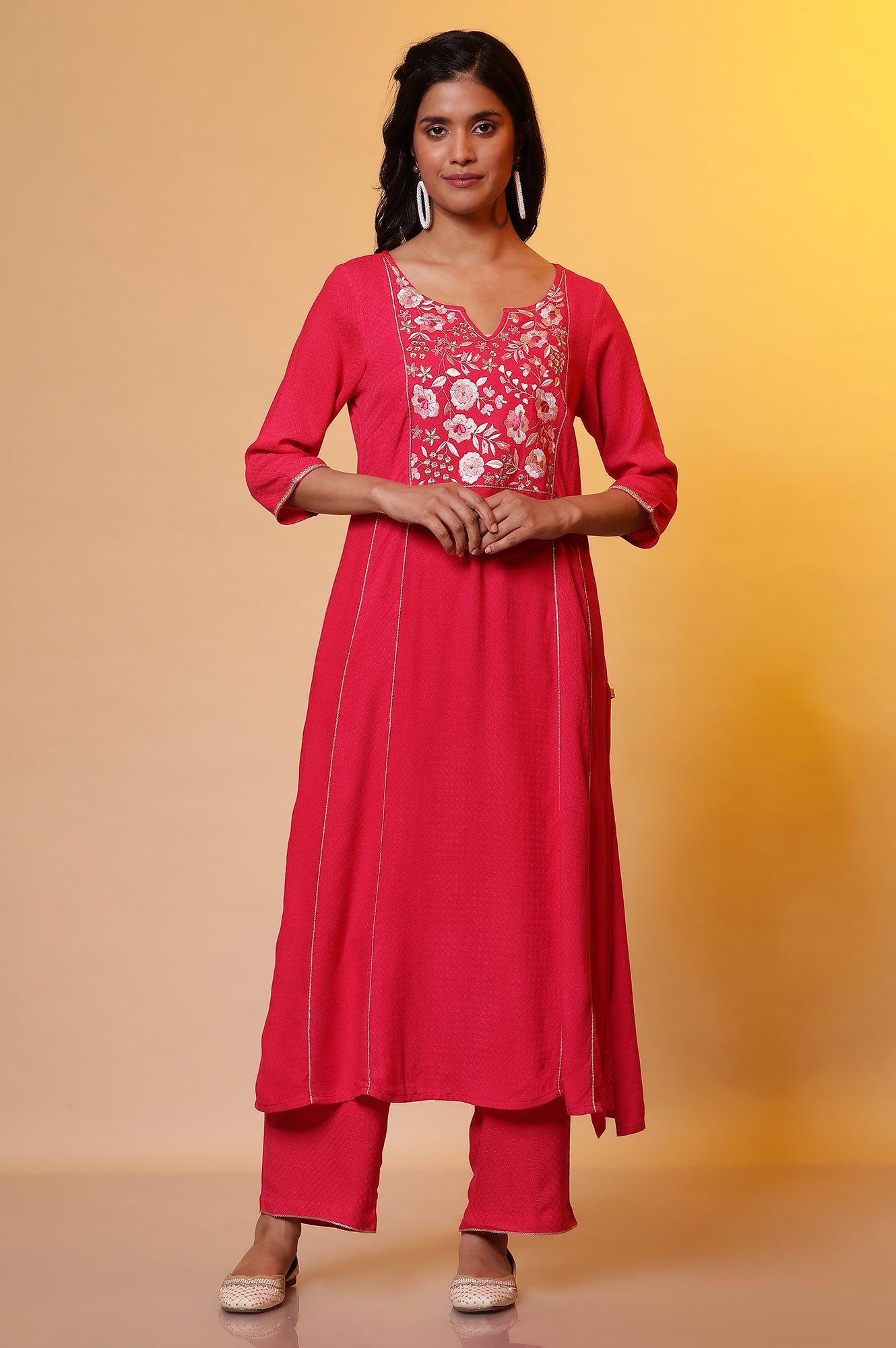 Pink Metallic Embroidered Kurta and Palazzo Co-ord Set