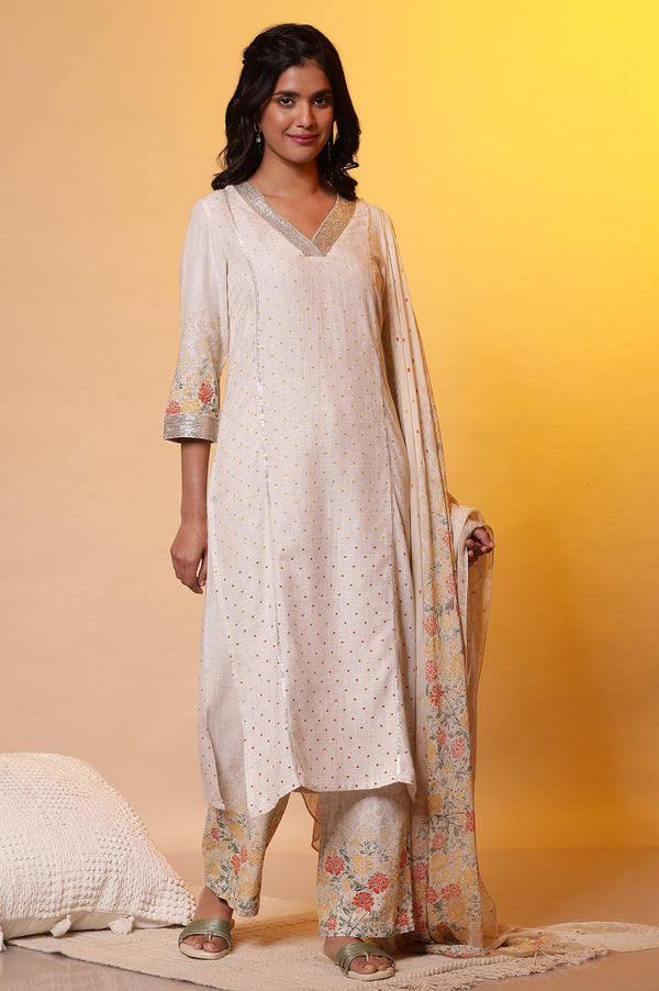 Natural Printed Embellished Neckline Kurta, Palazzo and Dupatta Set