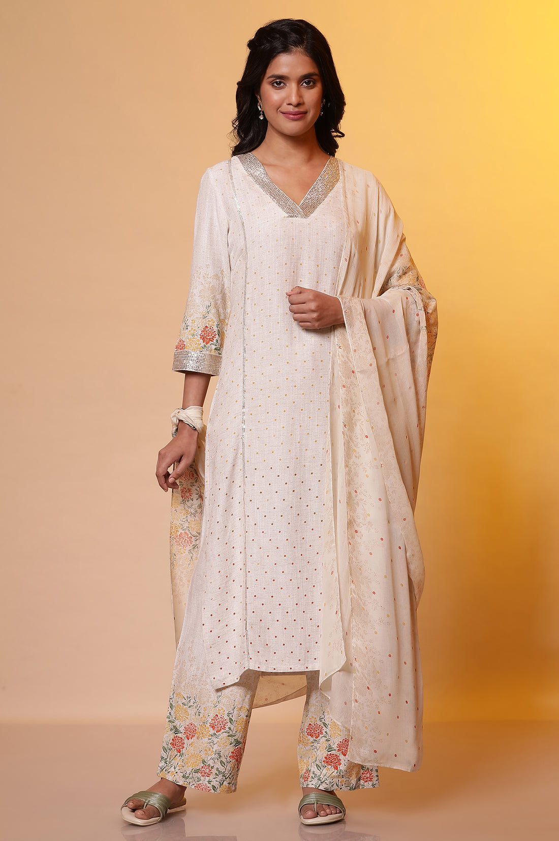 Natural Printed Embellished Neckline Kurta, Palazzo and Dupatta Set