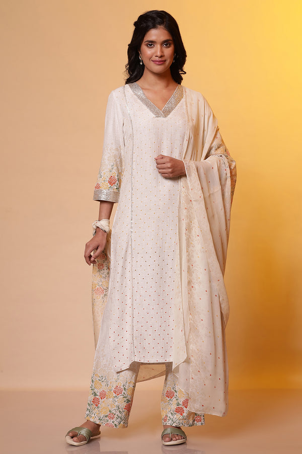Natural Printed Embellished Neckline Kurta, Palazzo and Dupatta Set