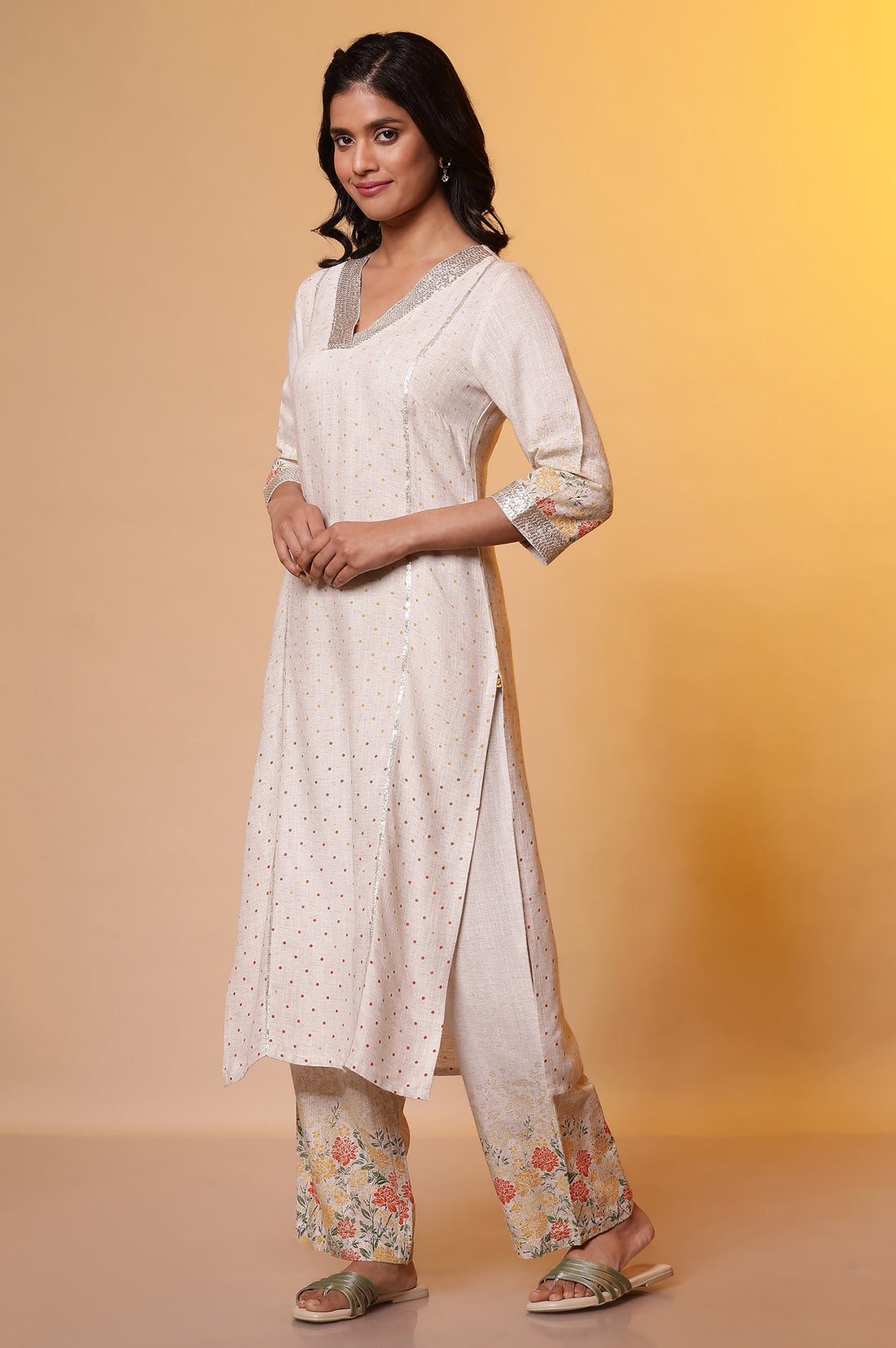 Natural Printed Embellished Neckline Kurta, Palazzo and Dupatta Set