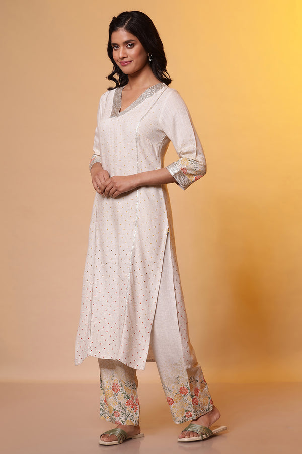 Natural Printed Embellished Neckline Kurta, Palazzo and Dupatta Set