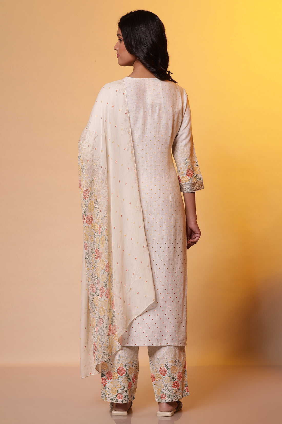 Natural Printed Embellished Neckline Kurta, Palazzo and Dupatta Set