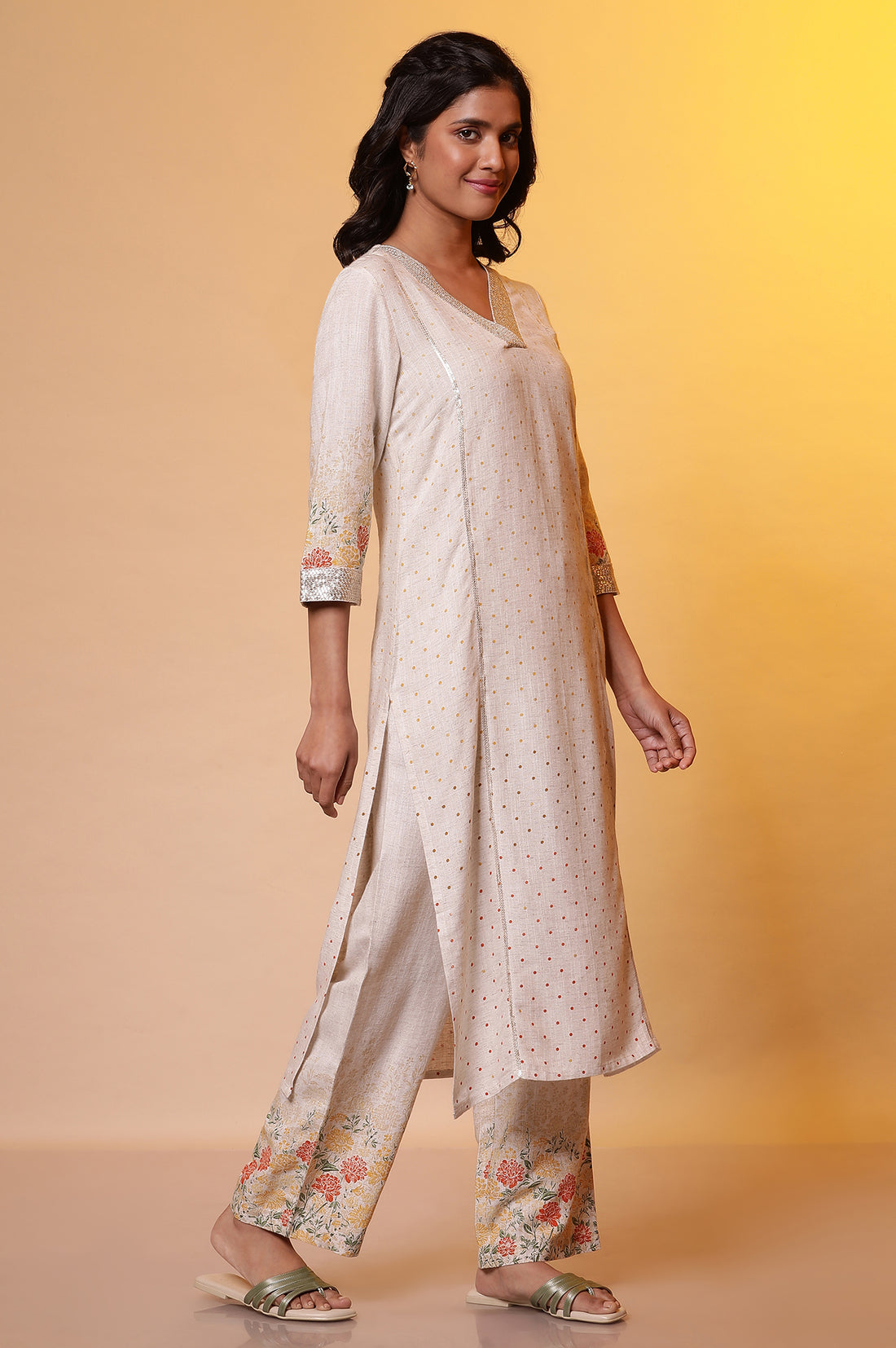 Natural Printed Embellished Neckline Kurta, Palazzo and Dupatta Set