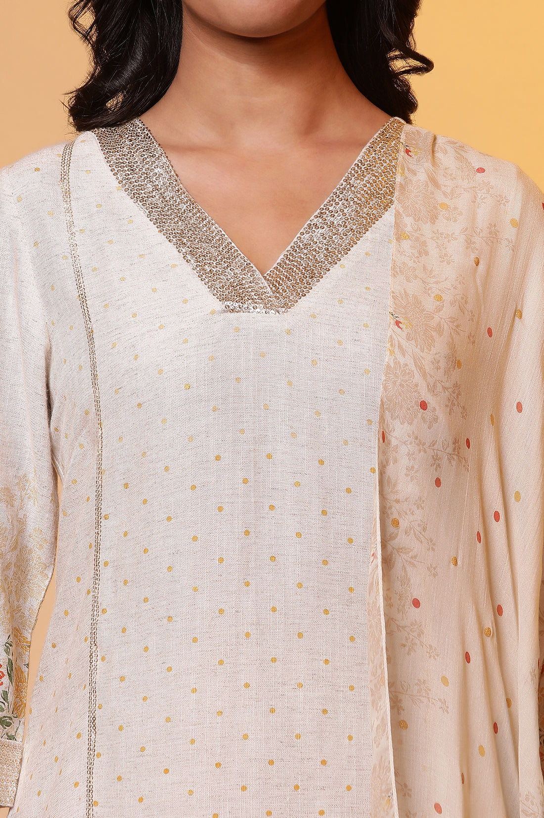 Natural Printed Embellished Neckline Kurta, Palazzo and Dupatta Set