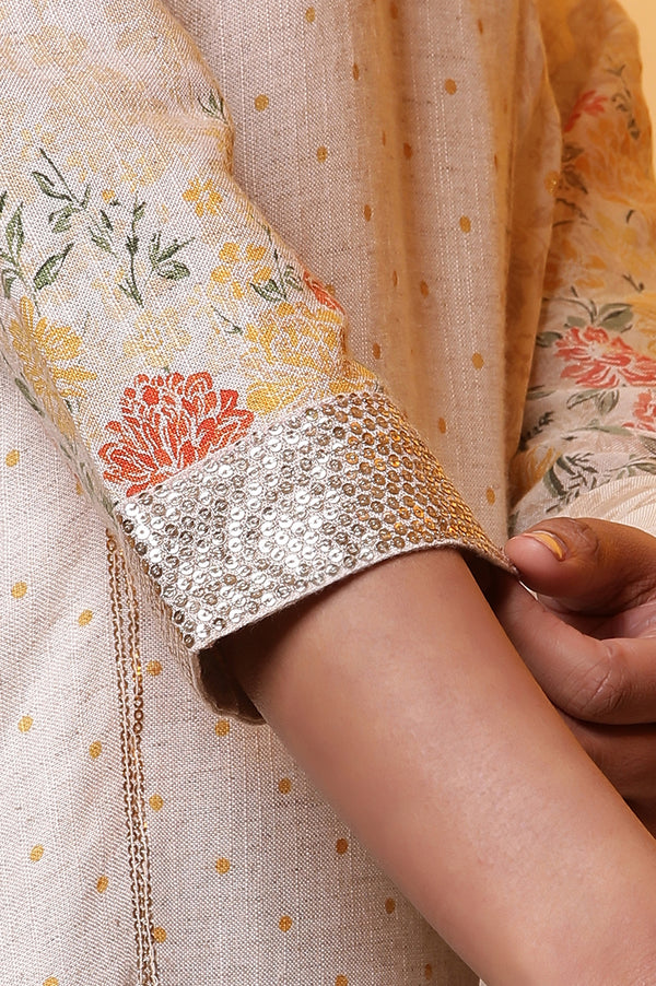 Natural Printed Embellished Neckline Kurta, Palazzo and Dupatta Set