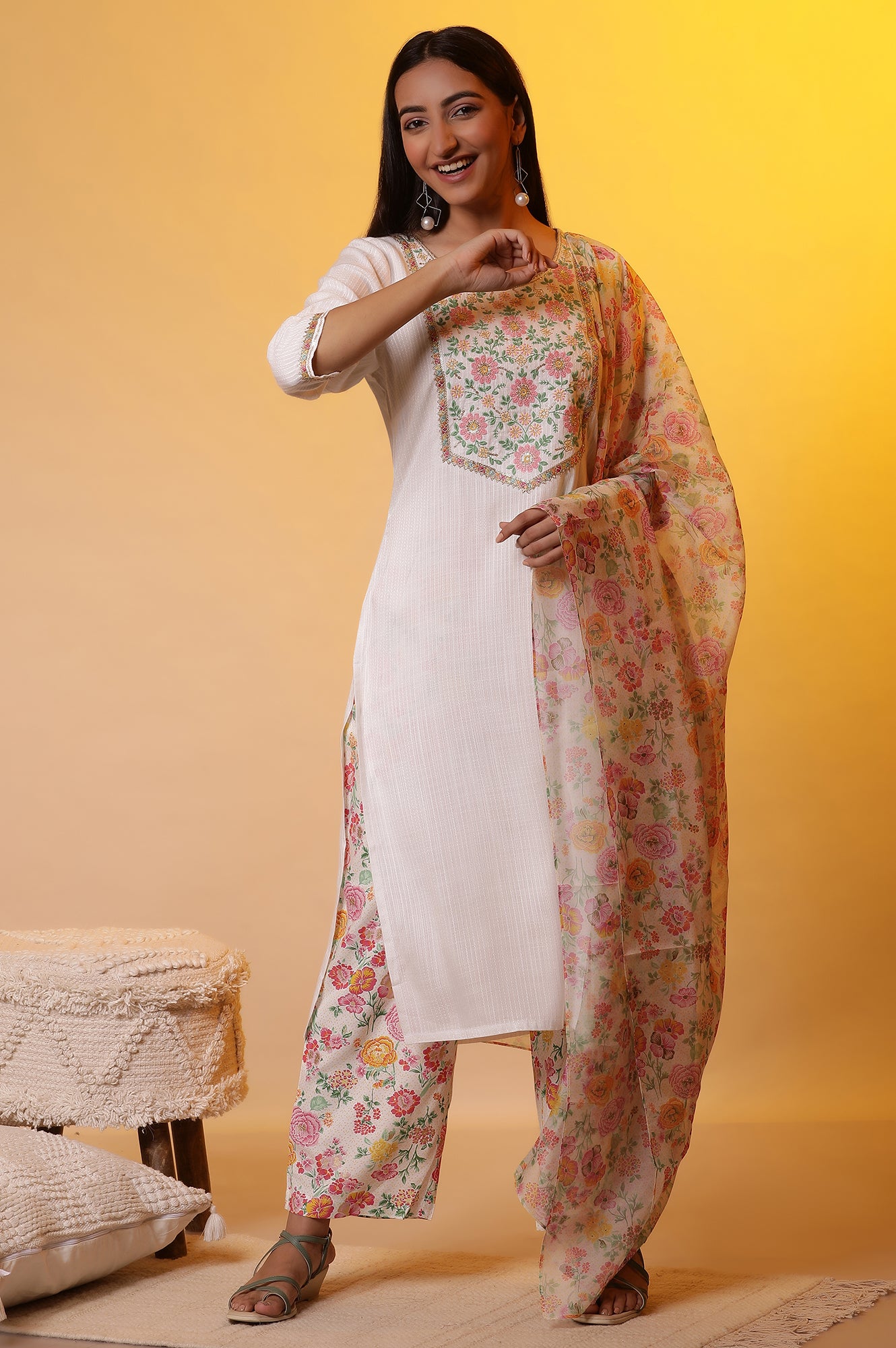 White Embroidered Kurta, Pants and Organza Dupatta Set