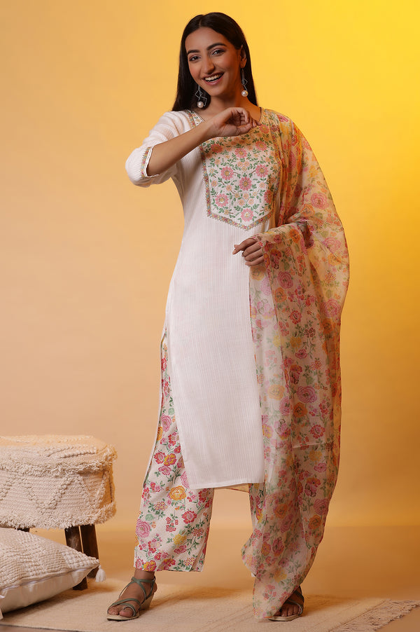 White Embroidered Kurta, Pants and Organza Dupatta Set
