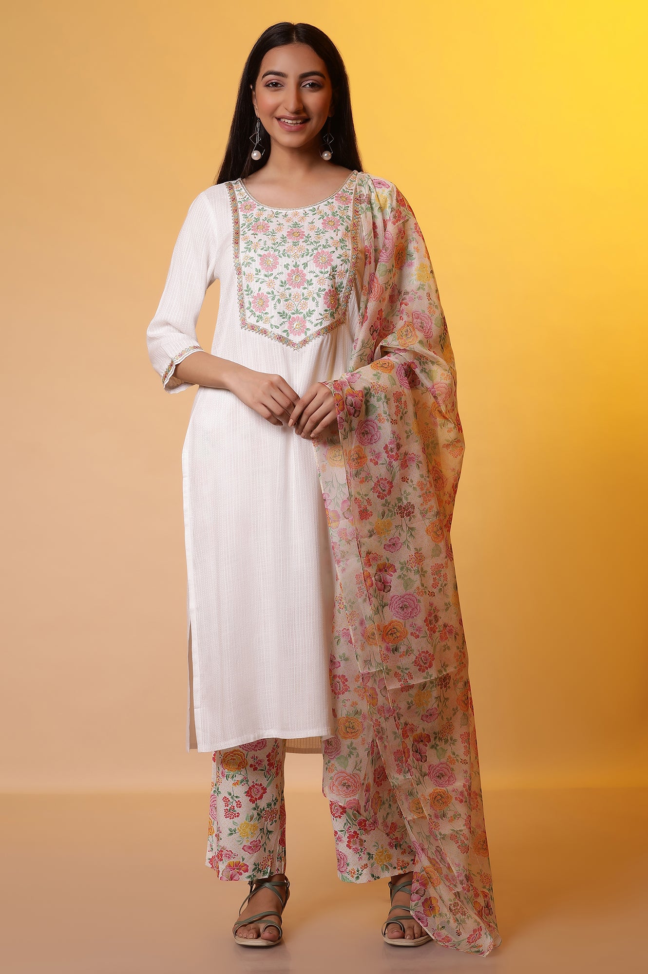 White Embroidered Kurta, Pants and Organza Dupatta Set