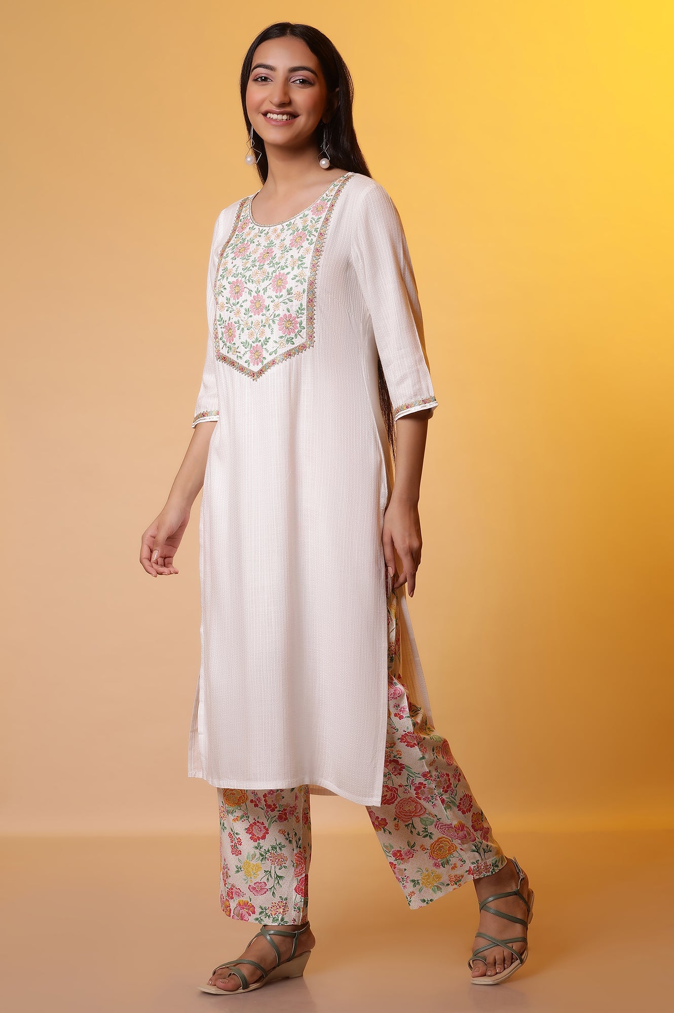 White Embroidered Kurta, Pants and Organza Dupatta Set