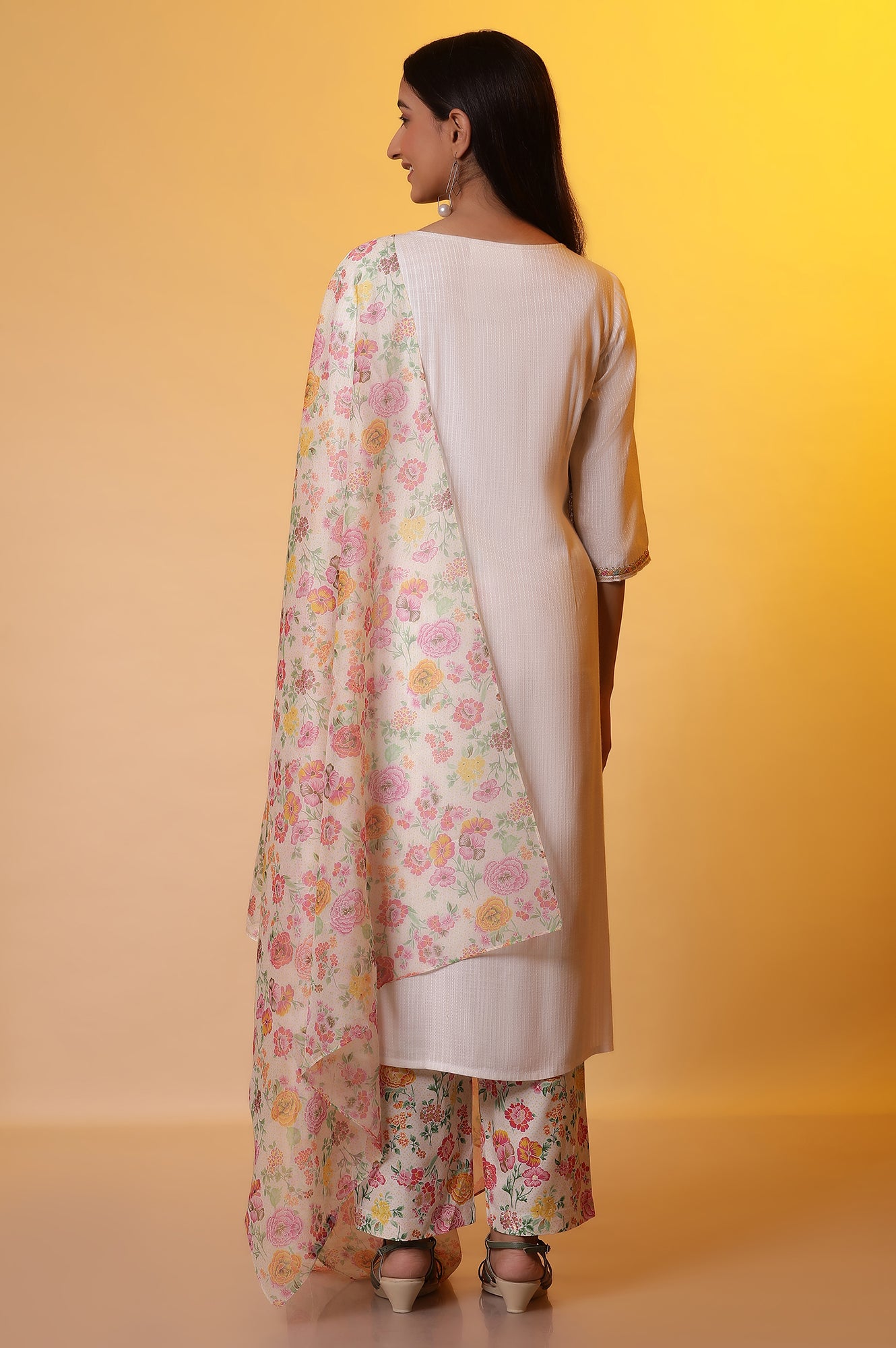 White Embroidered Kurta, Pants and Organza Dupatta Set