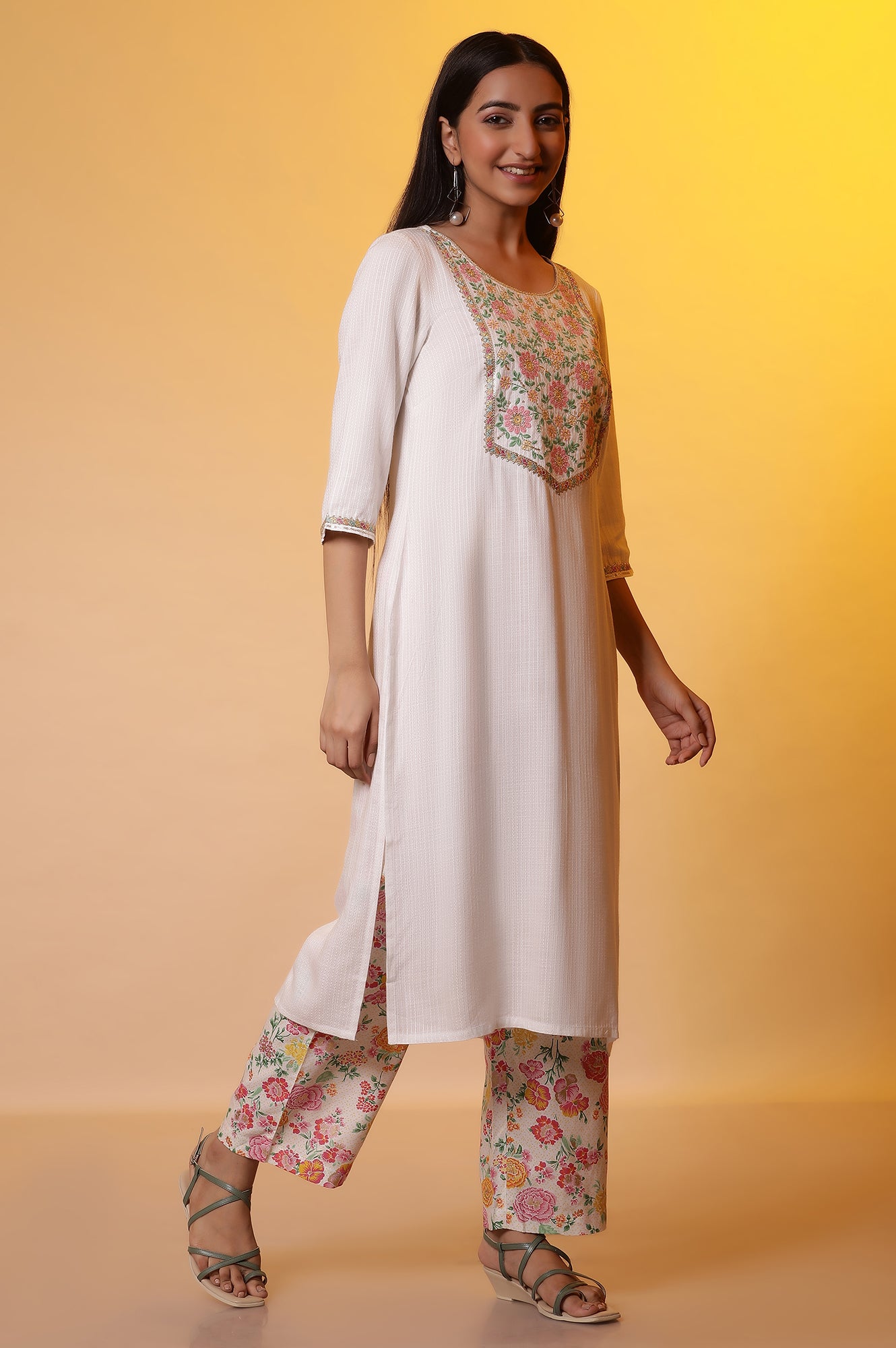 White Embroidered Kurta, Pants and Organza Dupatta Set