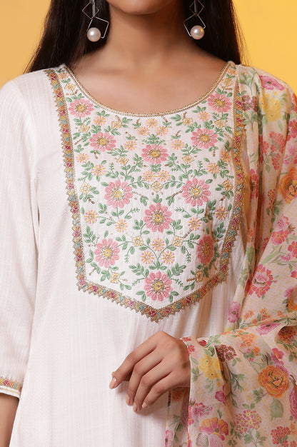 White Embroidered Kurta, Pants and Organza Dupatta Set