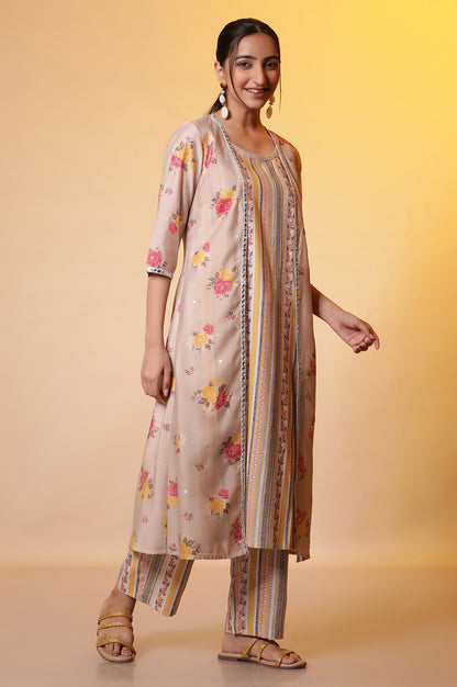 Beige Printed Sleeveless Kurta, Floral Gilet and Trouser Set