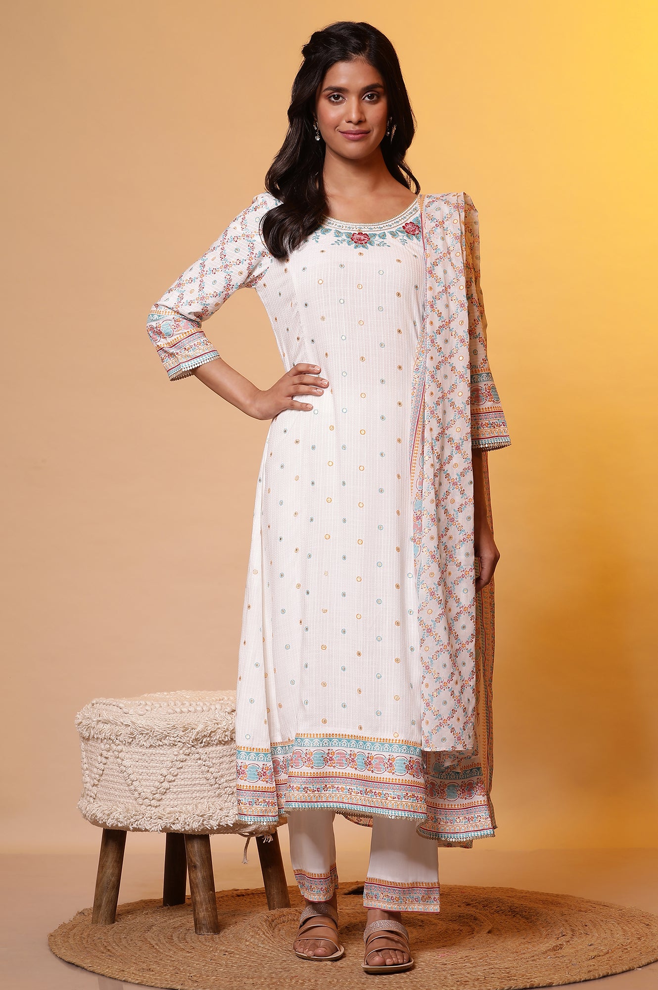 White Floral Printed Flared Kurta, Trousers and Dupatta Set