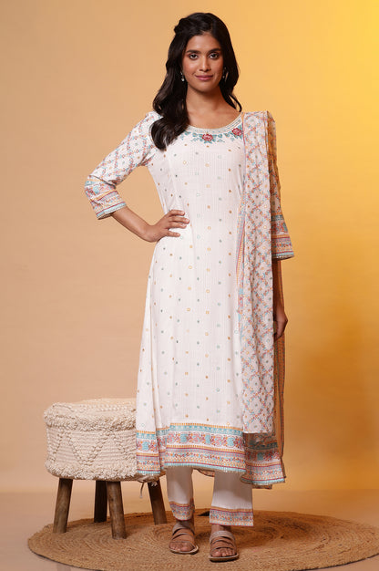 White Floral Printed Flared Kurta, Trousers and Dupatta Set