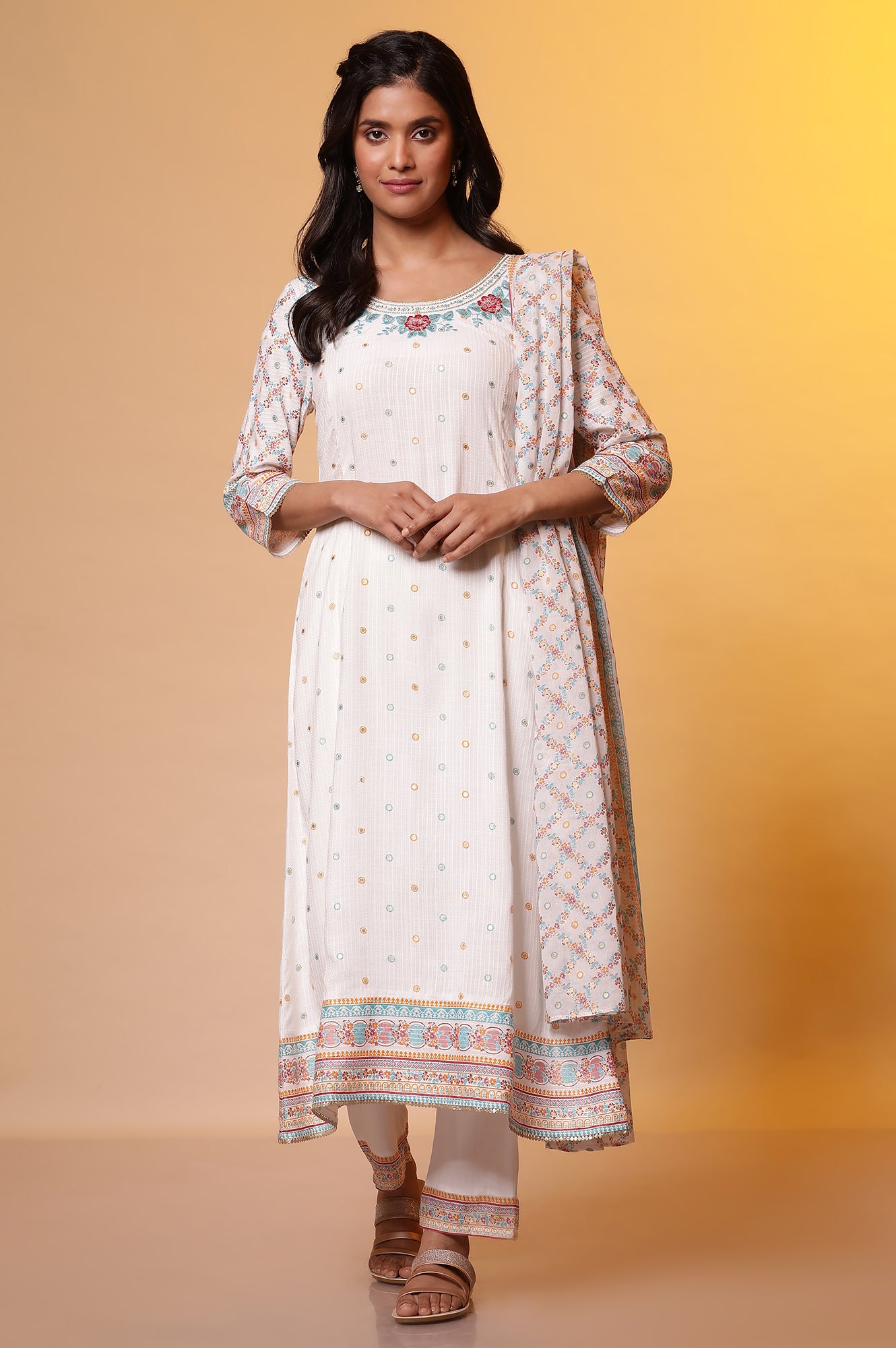 White Floral Printed Flared Kurta, Trousers and Dupatta Set