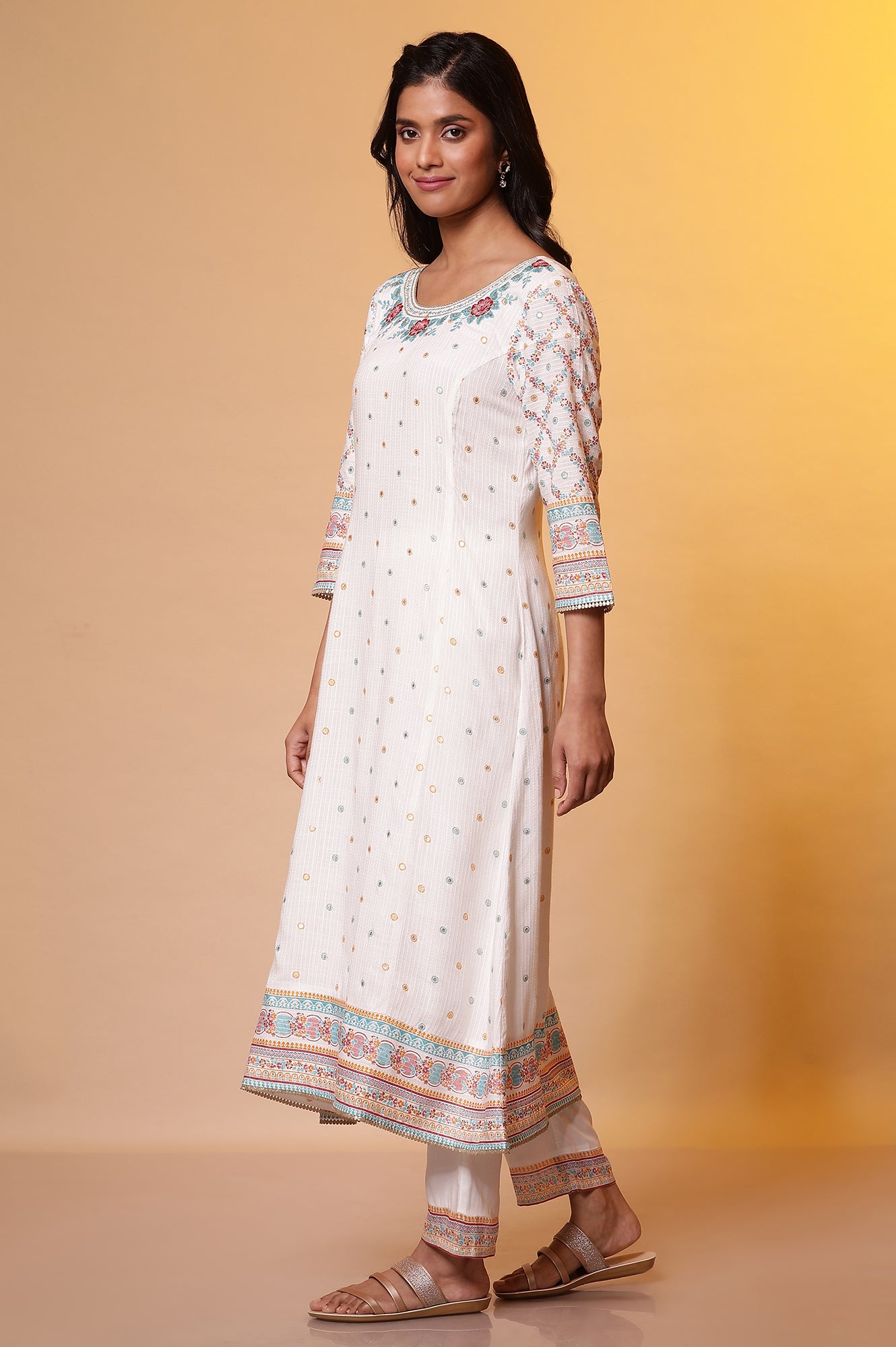 White Floral Printed Flared Kurta, Trousers and Dupatta Set