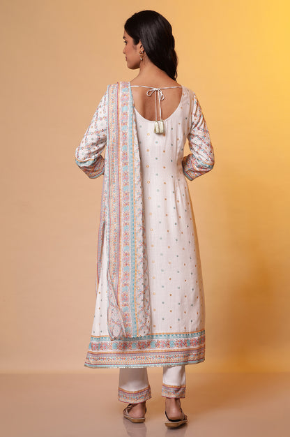 White Floral Printed Flared Kurta, Trousers and Dupatta Set