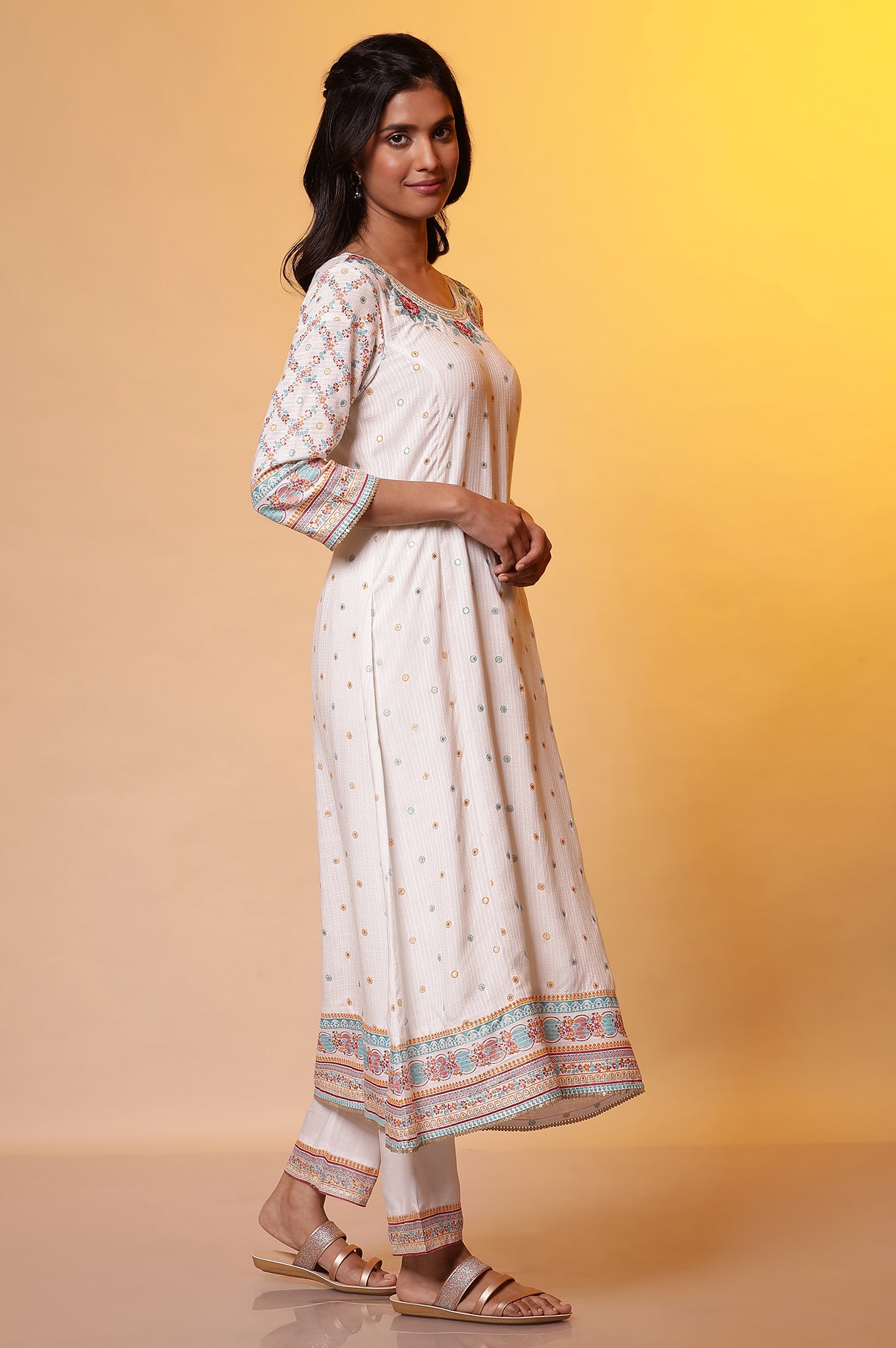 White Floral Printed Flared Kurta, Trousers and Dupatta Set