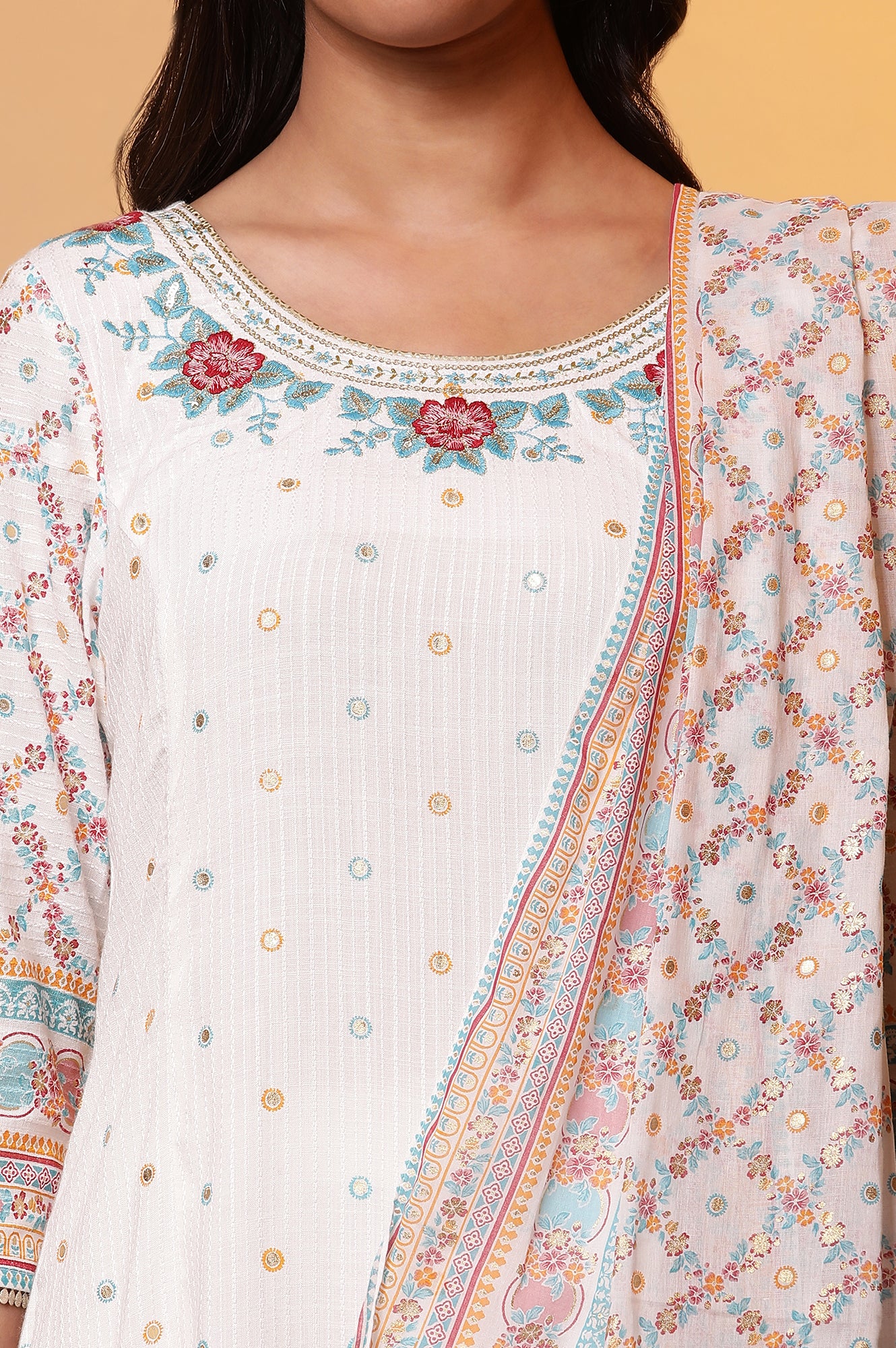 White Floral Printed Flared Kurta, Trousers and Dupatta Set