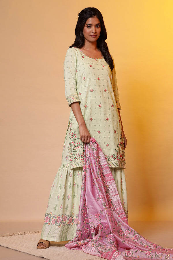 Green Floral Printed Kurta, Sharara and Duptta Set