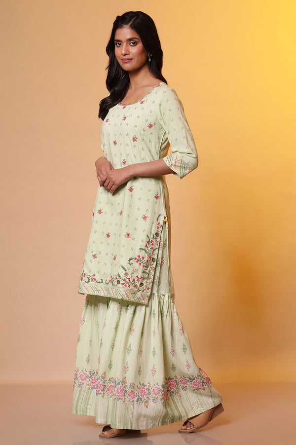 Green Floral Printed Kurta, Sharara and Duptta Set