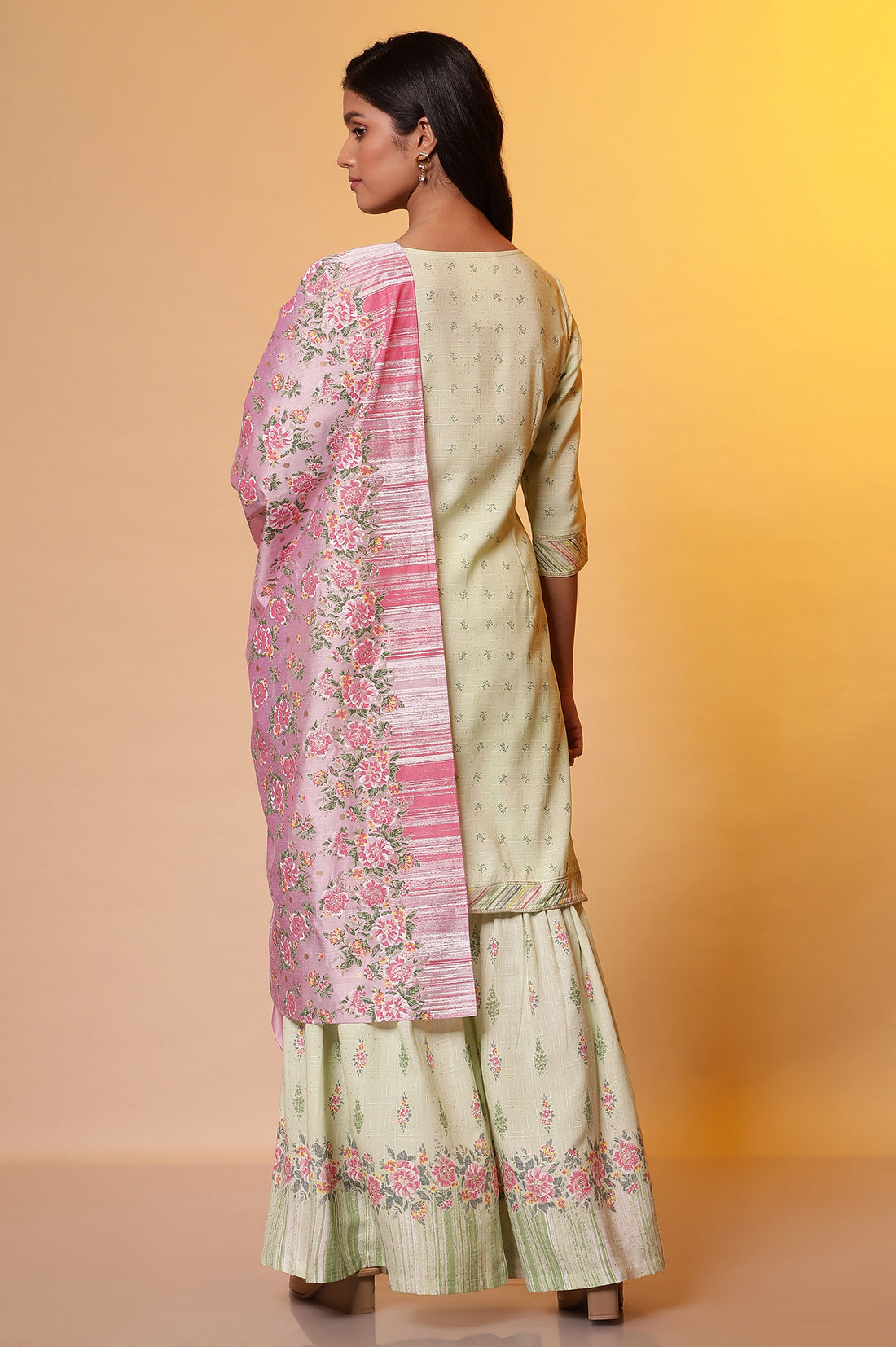 Green Floral Printed Kurta, Sharara and Duptta Set