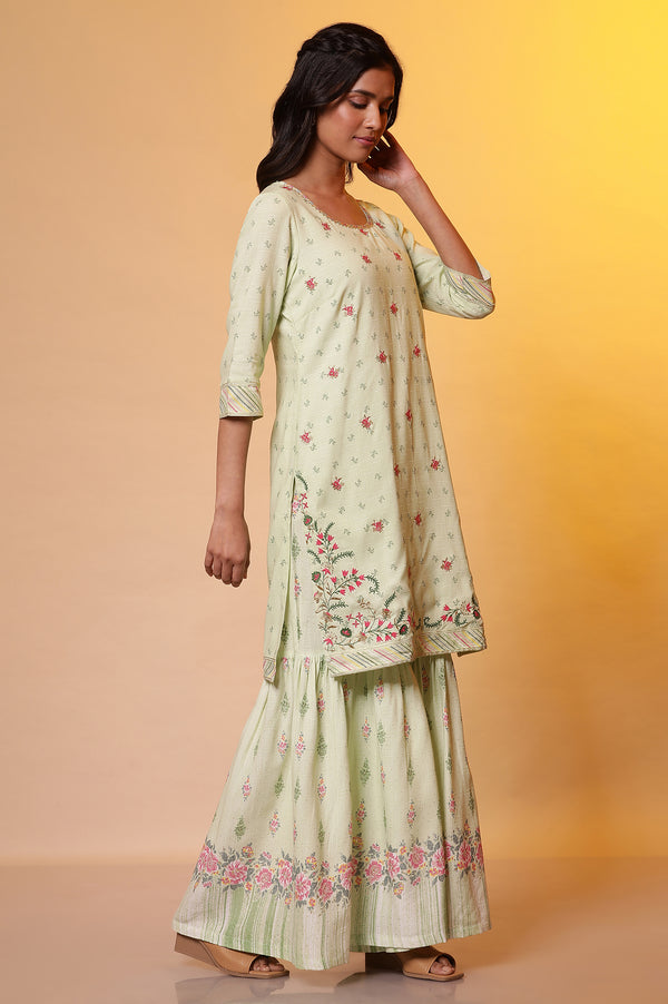 Green Floral Printed Kurta, Sharara and Duptta Set