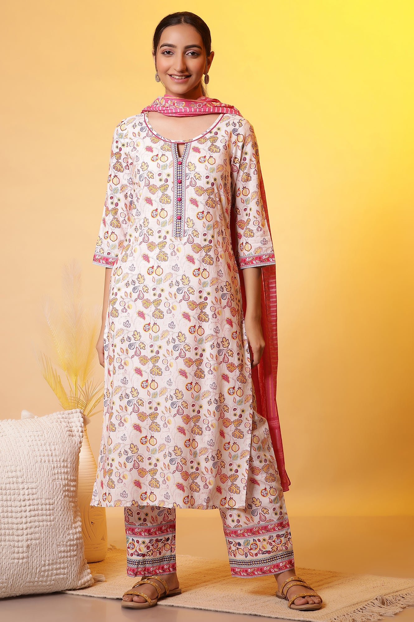 White Floral Printed Cotton Kurta, Palazzos and Dupatta Set