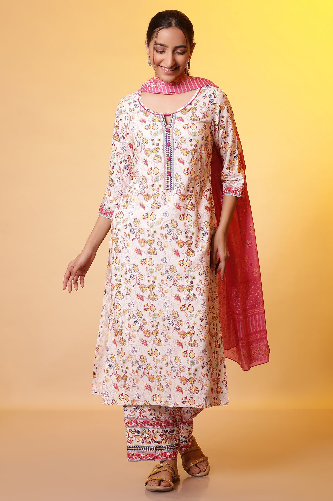 White Floral Printed Cotton Kurta, Palazzos and Dupatta Set