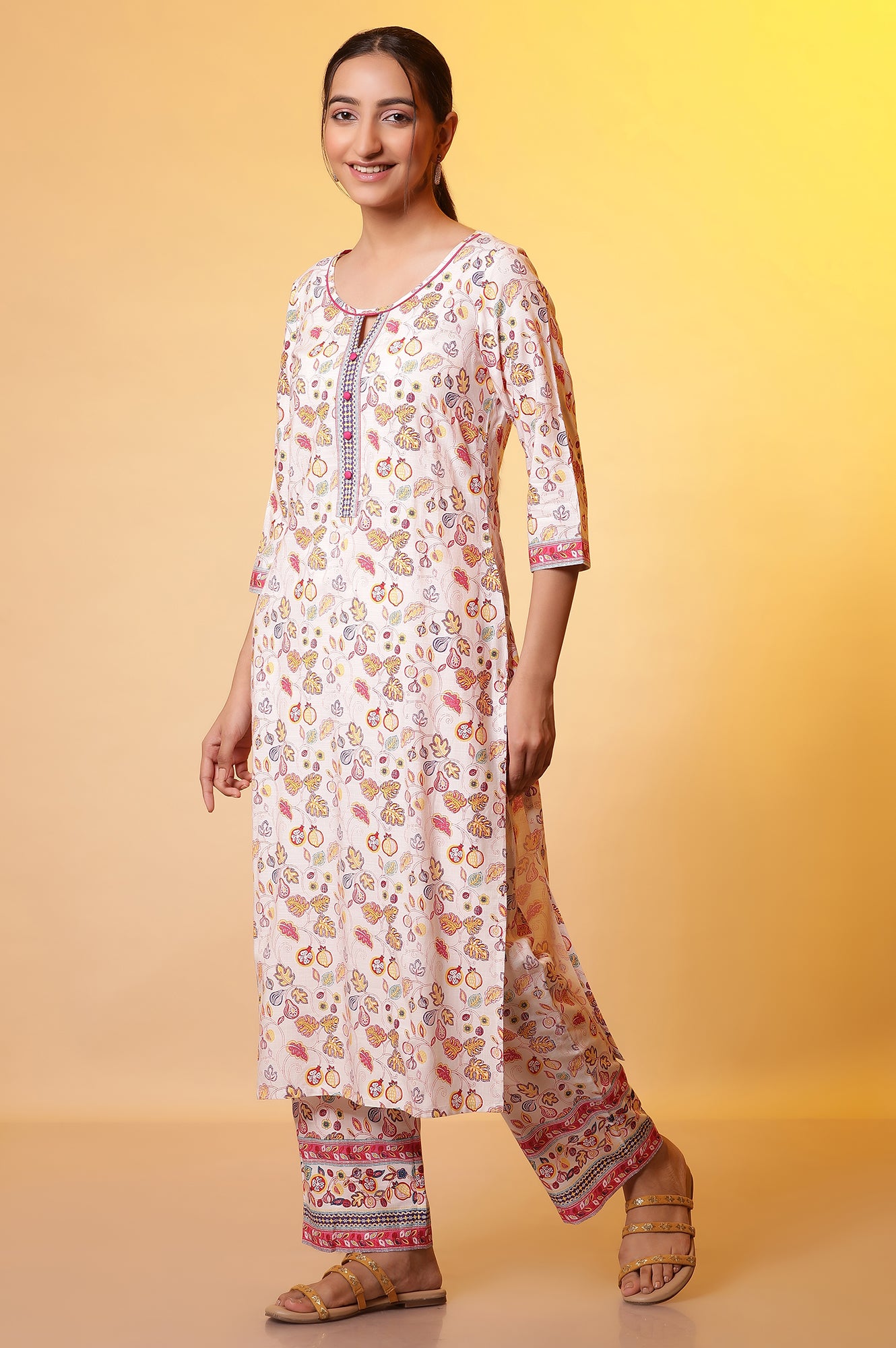 White Floral Printed Cotton Kurta, Palazzos and Dupatta Set