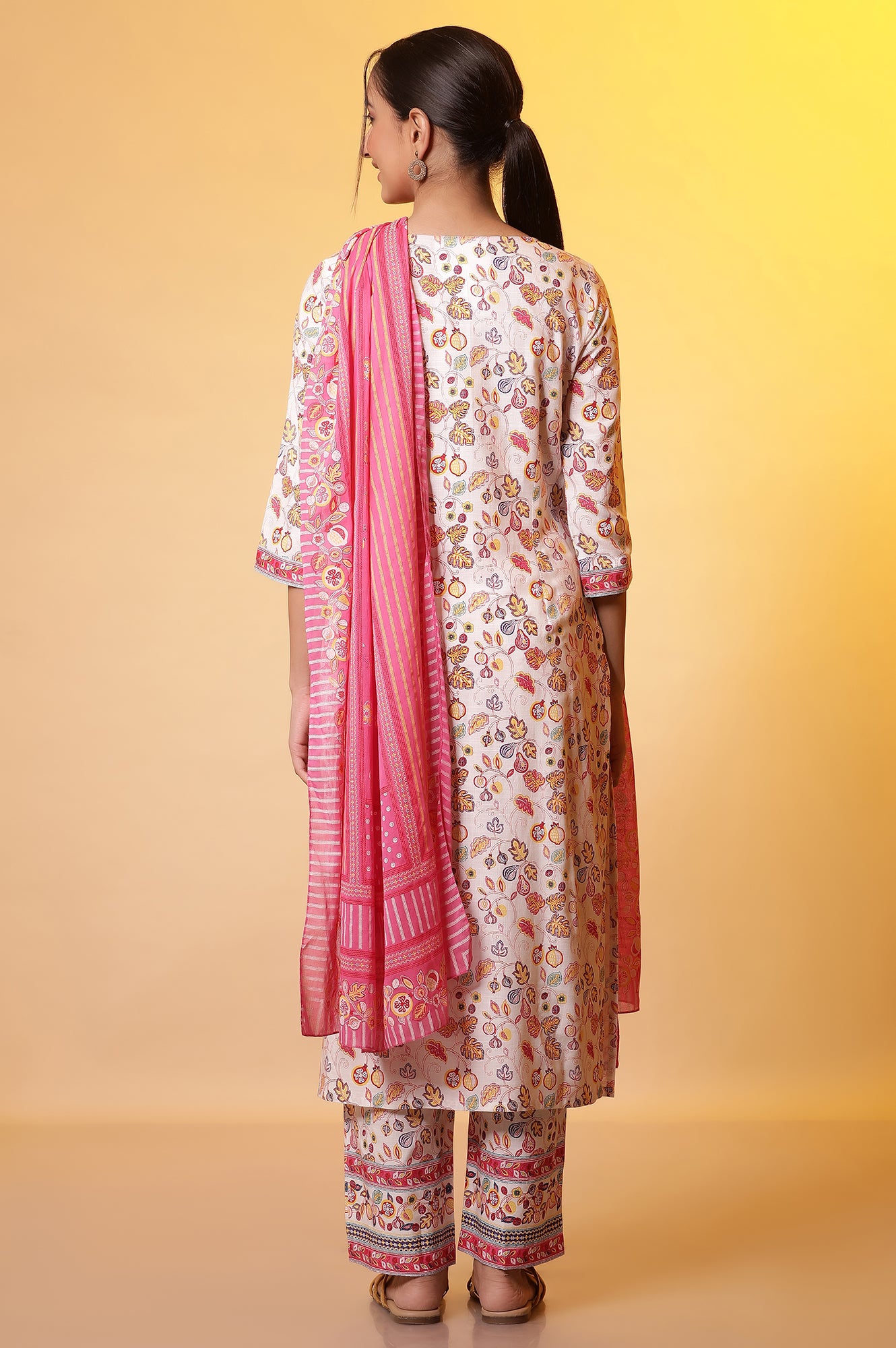 White Floral Printed Cotton Kurta, Palazzos and Dupatta Set