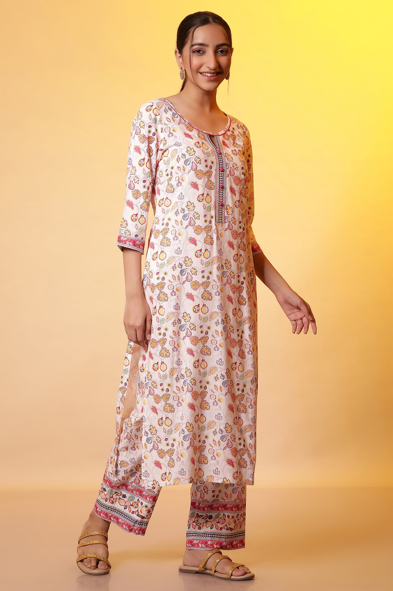 White Floral Printed Cotton Kurta, Palazzos and Dupatta Set