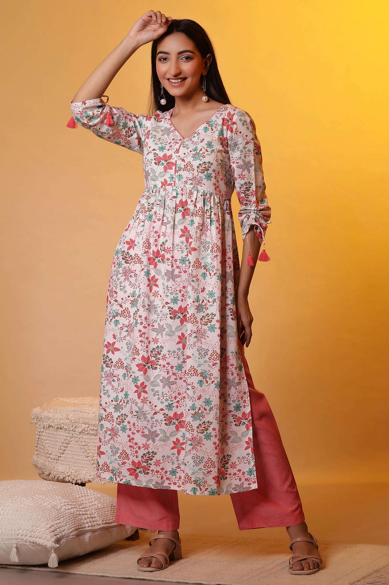 Off-White Floral Printed High-Slit Kurta and Palazzo Set