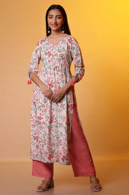 Off-White Floral Printed High-Slit Kurta and Palazzo Set