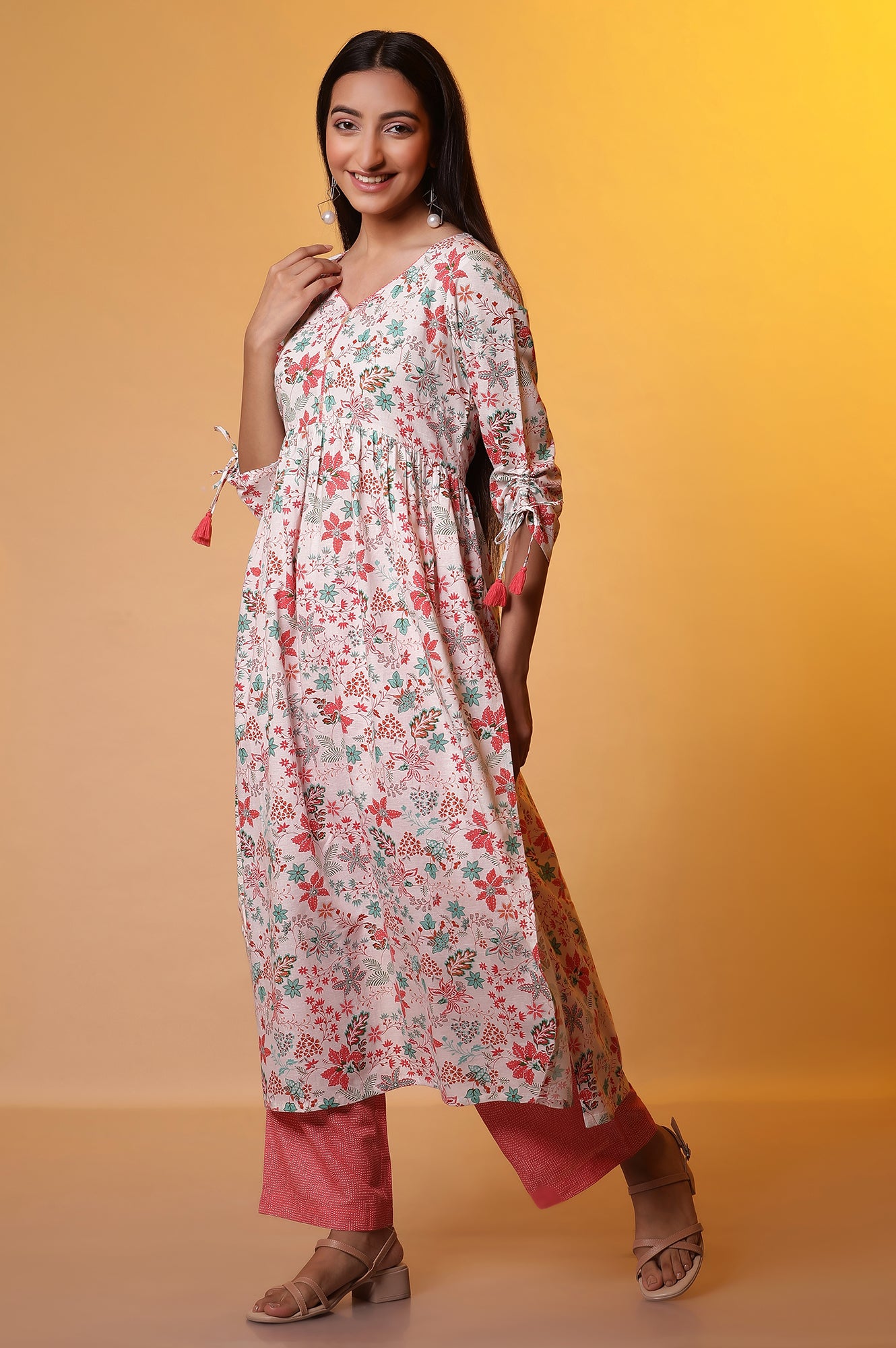 Off-White Floral Printed High-Slit Kurta and Palazzo Set