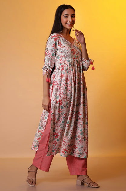 Off-White Floral Printed High-Slit Kurta and Palazzo Set