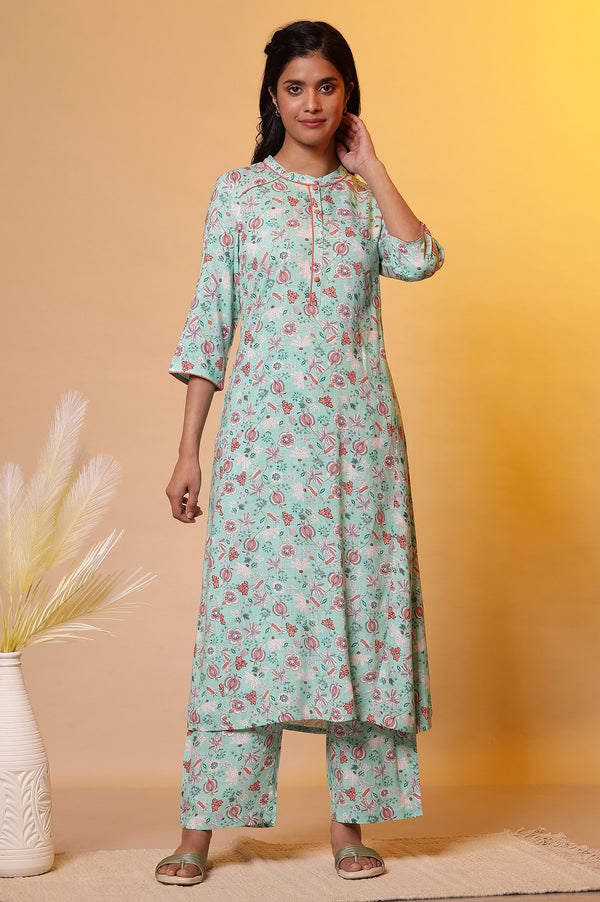 Green Floral Printed A-line Kurta & Palazzo Co-ord Set