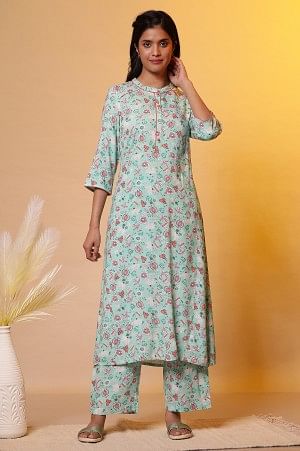 Green Floral Printed A-line Kurta &amp; Palazzo Co-ord Set