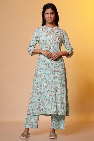 Green Floral Printed A-line Kurta &amp; Palazzo Co-ord Set