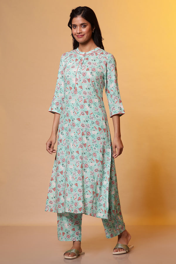 Green Floral Printed A-line Kurta & Palazzo Co-ord Set