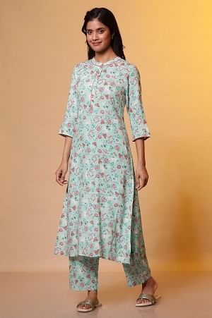 Green Floral Printed A-line Kurta &amp; Palazzo Co-ord Set