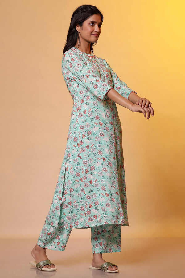 Green Floral Printed A-line Kurta & Palazzo Co-ord Set